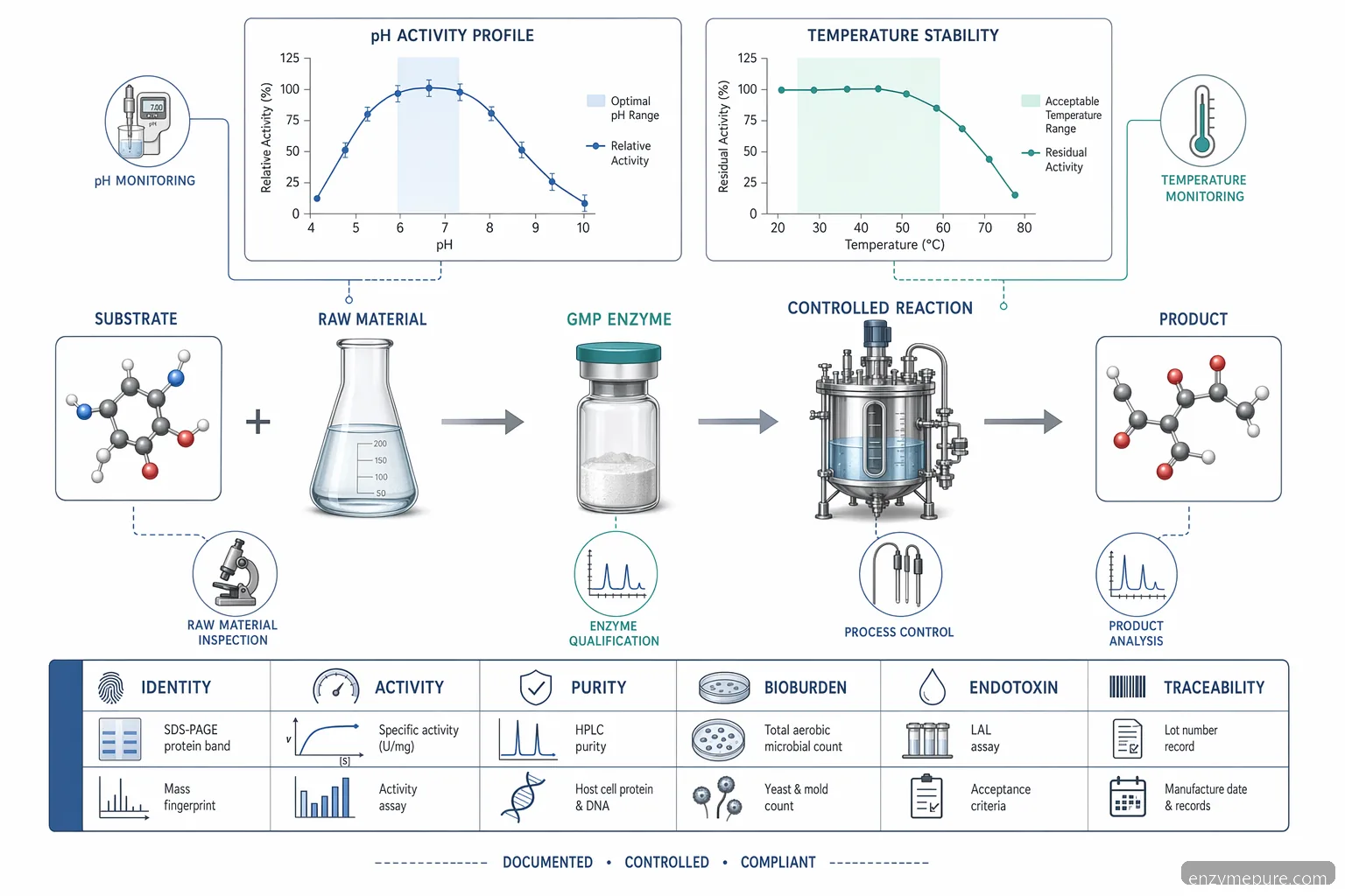 gmp enzyme for pharmaceutical formulations pH and temperature screening diagram with reaction flow and QC release checks