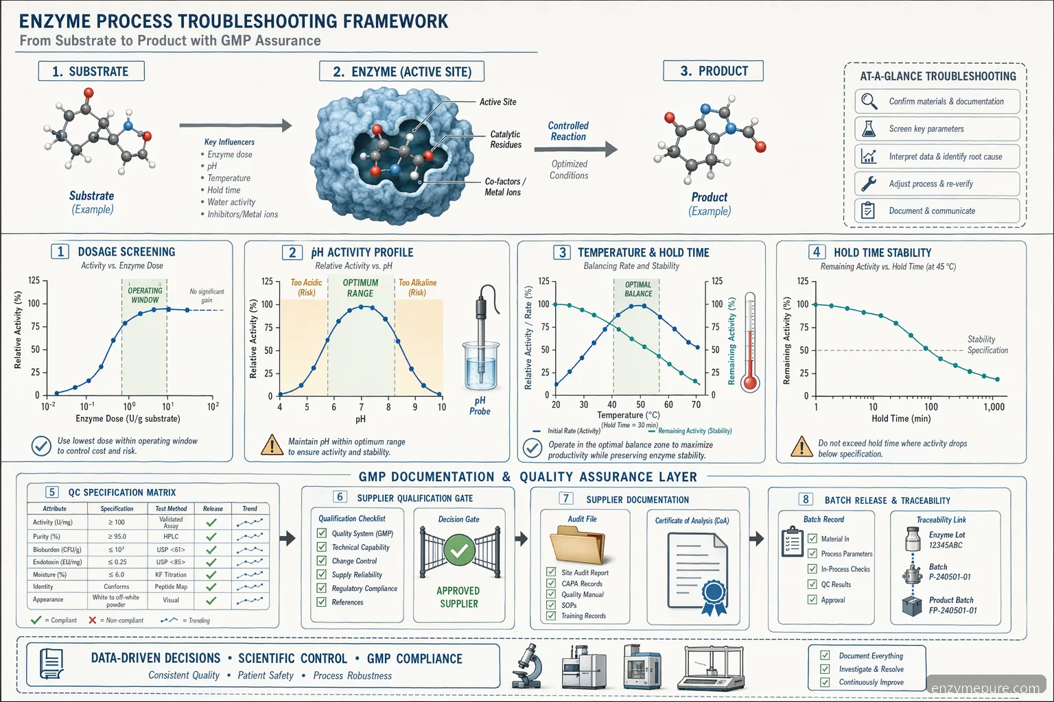 gmp enzyme supplier for pharmaceutical troubleshooting diagram maps enzyme dose, pH, temperature, hold time, and QC release