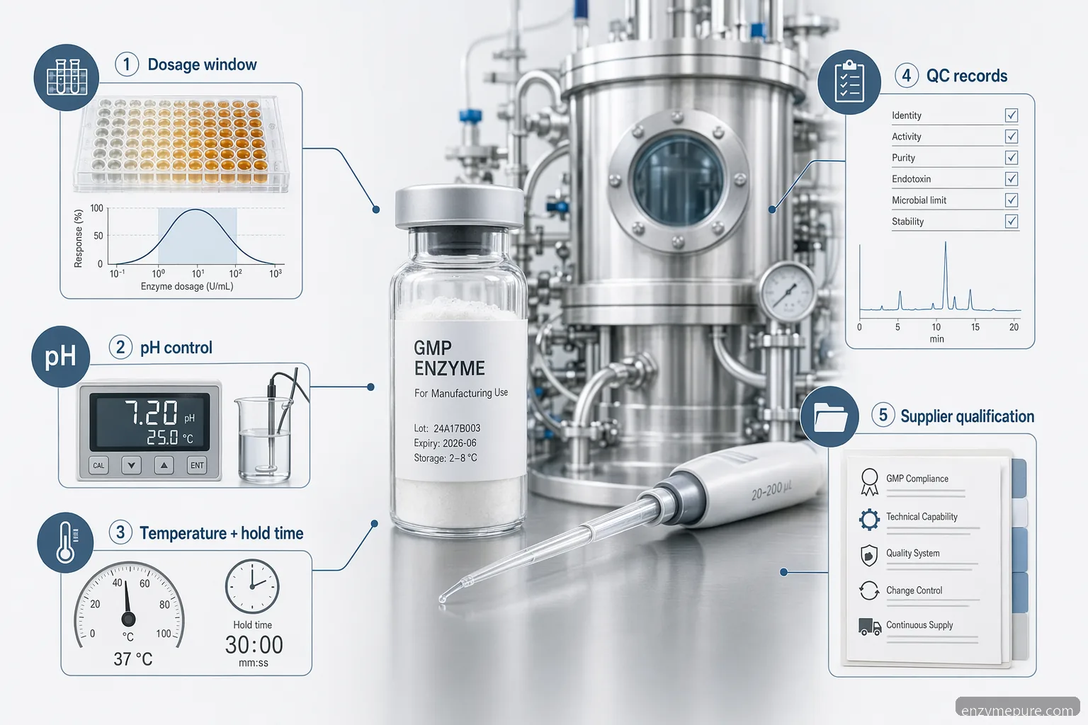 gmp enzyme supplier for pharmaceutical troubleshooting visualizes dosage, pH, temperature, QC, and supplier checks