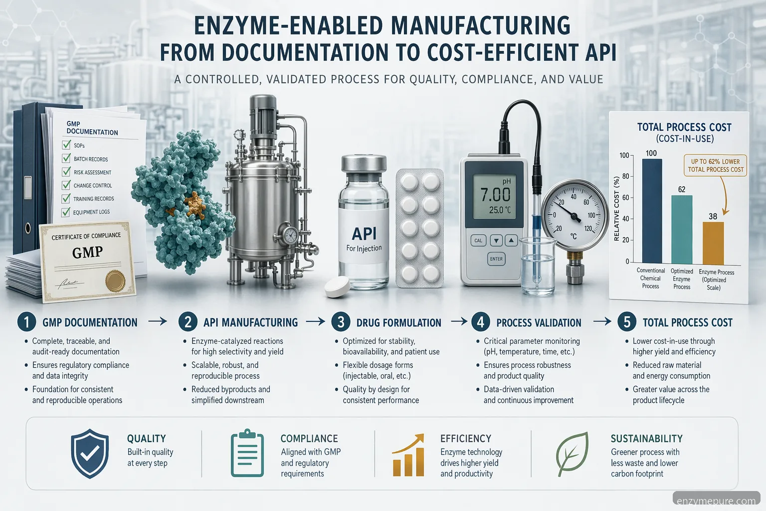 industrial gmp enzyme pharmaceutical supply infographic showing GMP documents, API use, validation, and cost-in-use