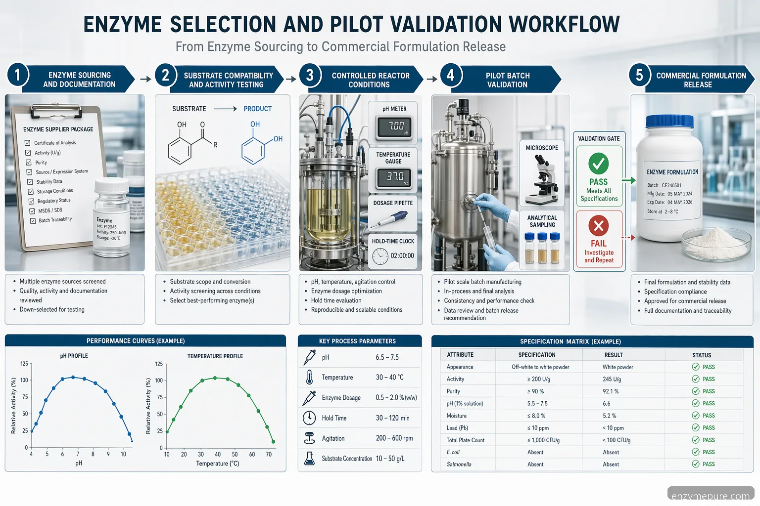 industrial pharma enzyme supplier pharmaceutical process diagram, mapping pH, temperature, dosage, hold time, and validation gates