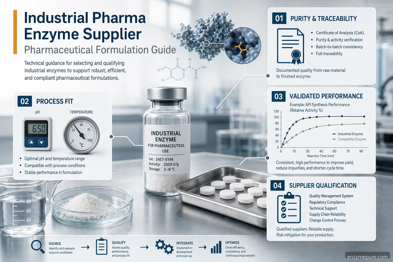 industrial pharma enzyme supplier pharmaceutical formulation guide, showing purity, process fit, documentation, and scale-up checks