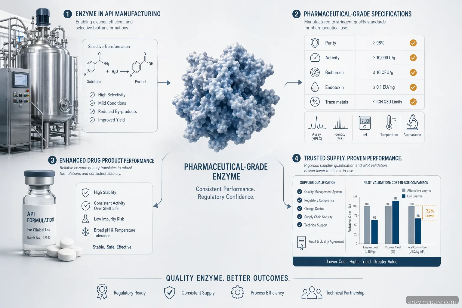 industrial pharmaceutical grade enzyme pharmaceutical specification checklist with API manufacturing validation and supplier QC