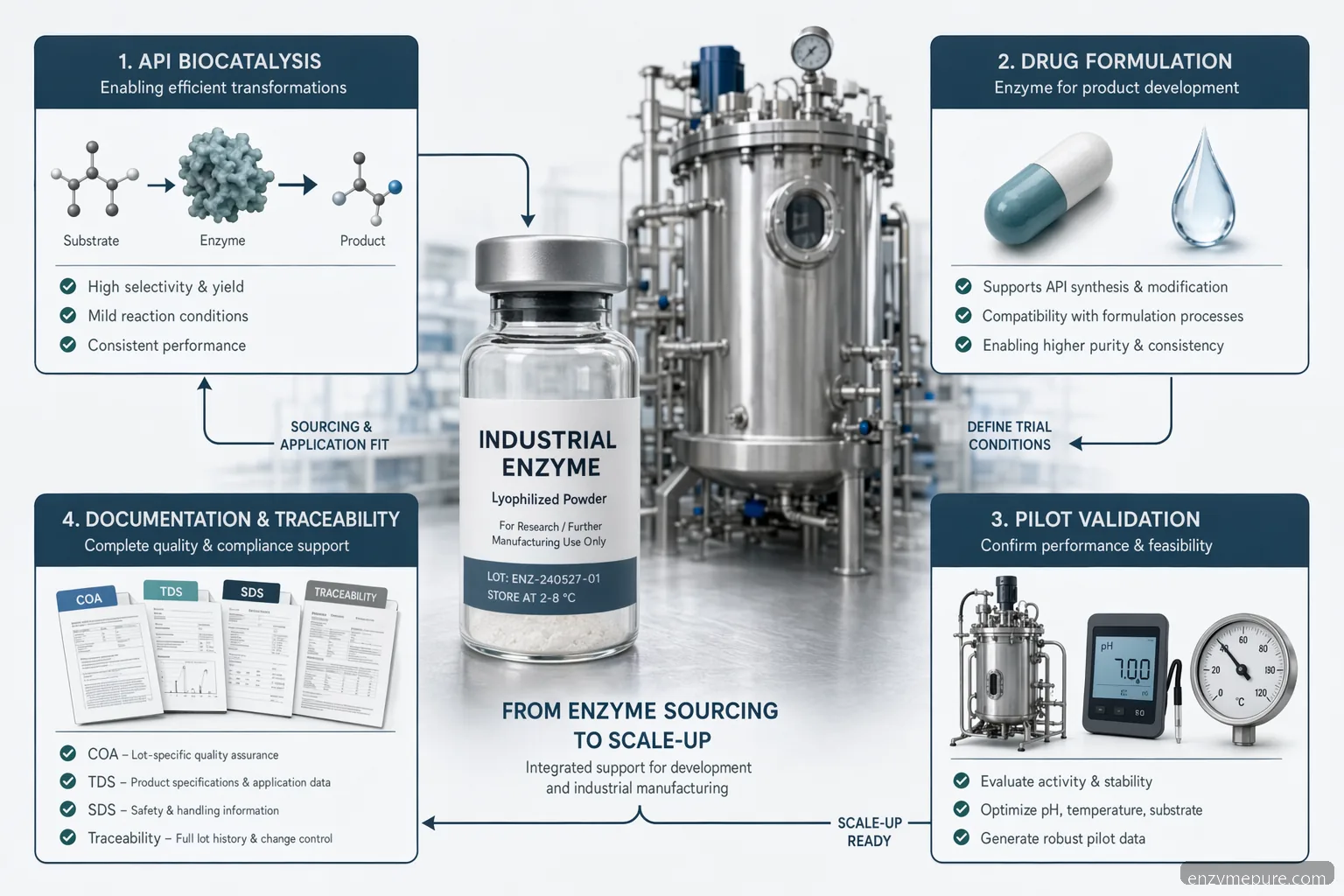pharma enzyme supplier for pharmaceutical manufacturing infographic with sourcing, documentation, trials, and scale-up icons