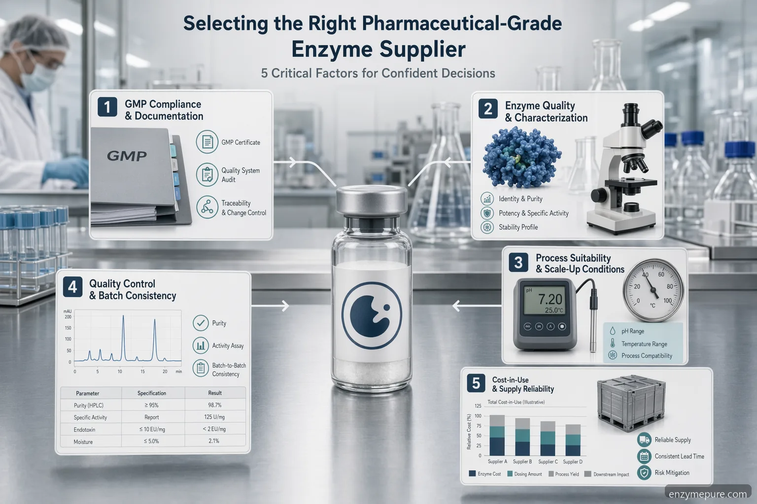 pharma enzyme supplier supplier for pharmaceutical checklist with GMP documents, QC tests, process ranges, cost-in-use