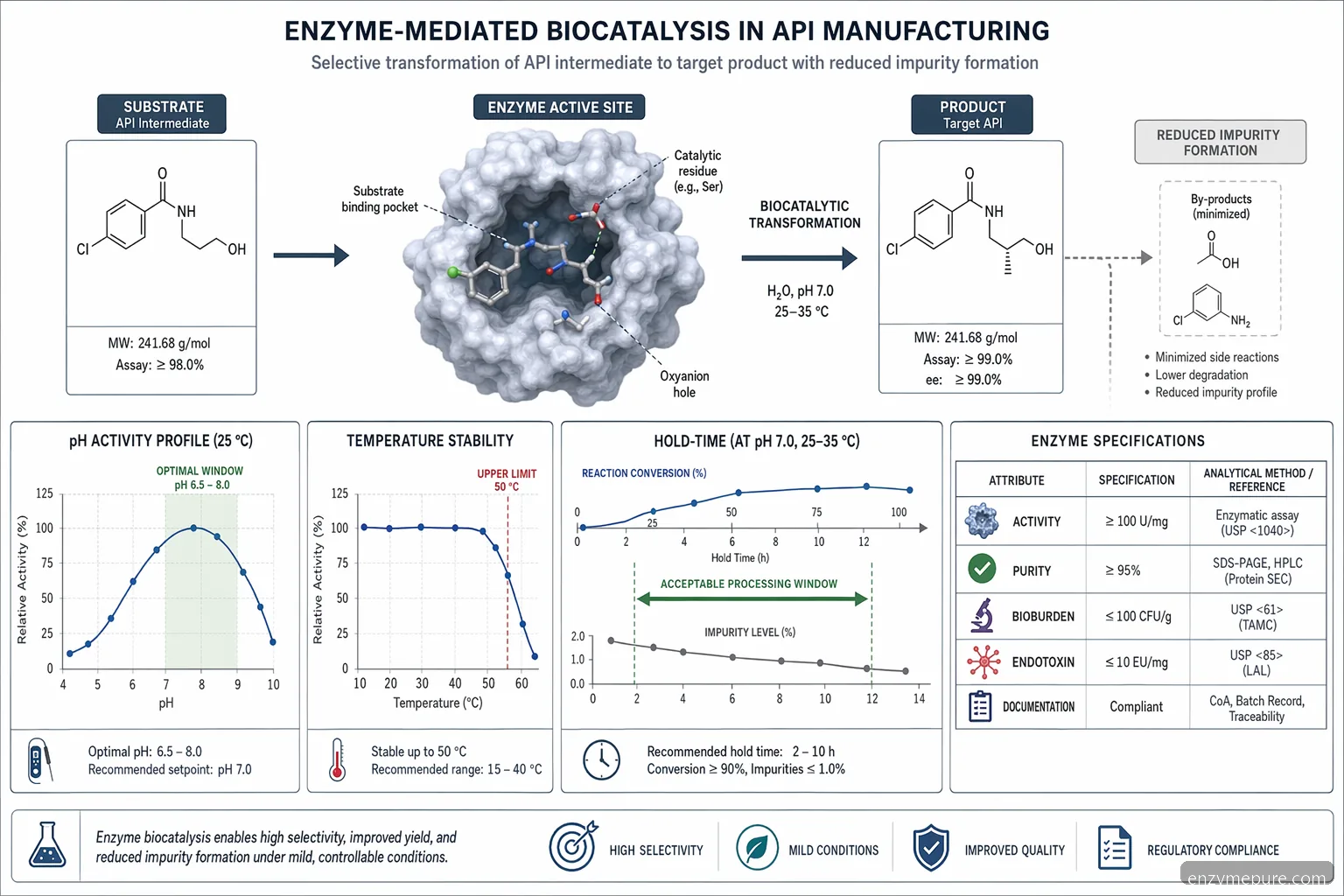 pharmaceutical grade enzyme for api manufacturing diagram of pH, temperature, hold-time, and substrate conversion controls