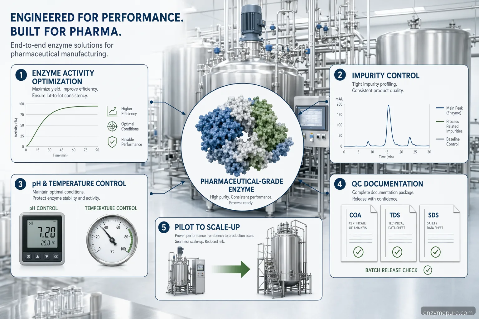 pharmaceutical grade enzyme for api manufacturing infographic showing activity, impurity control, QC, and scale-up