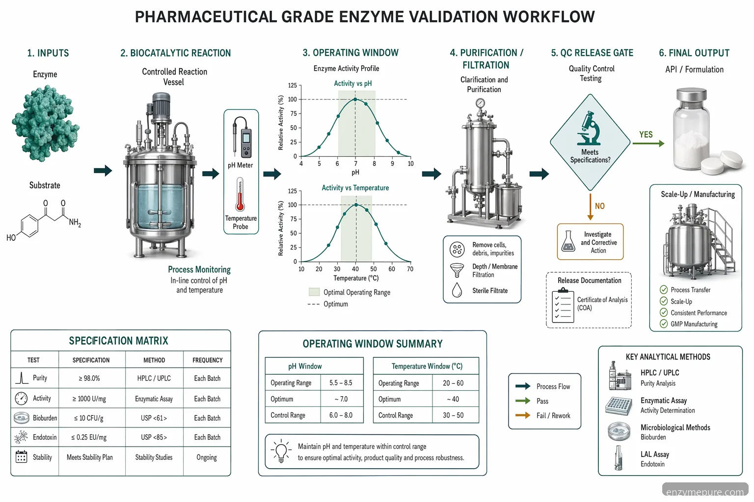 pharmaceutical grade enzyme for pharmaceutical applications process diagram with pH, temperature, QC release, and batch scale-up checkpoints