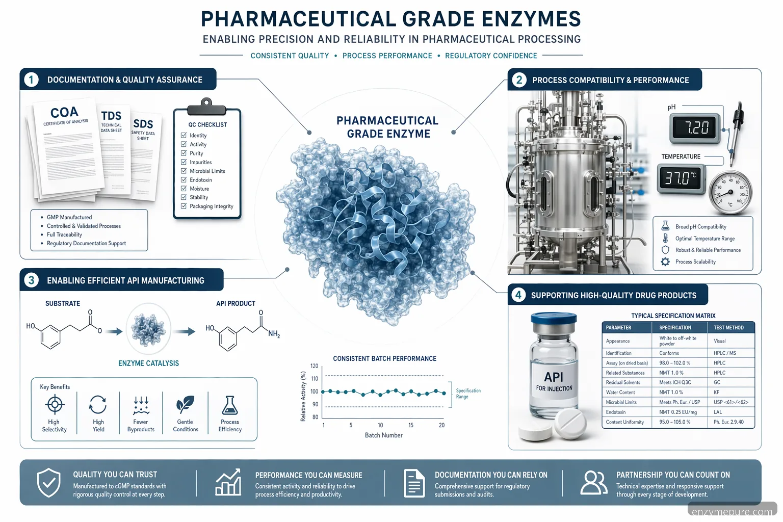 pharmaceutical grade enzyme for pharmaceutical applications, showing QC documents, scale-up, API processing, and formulation fit