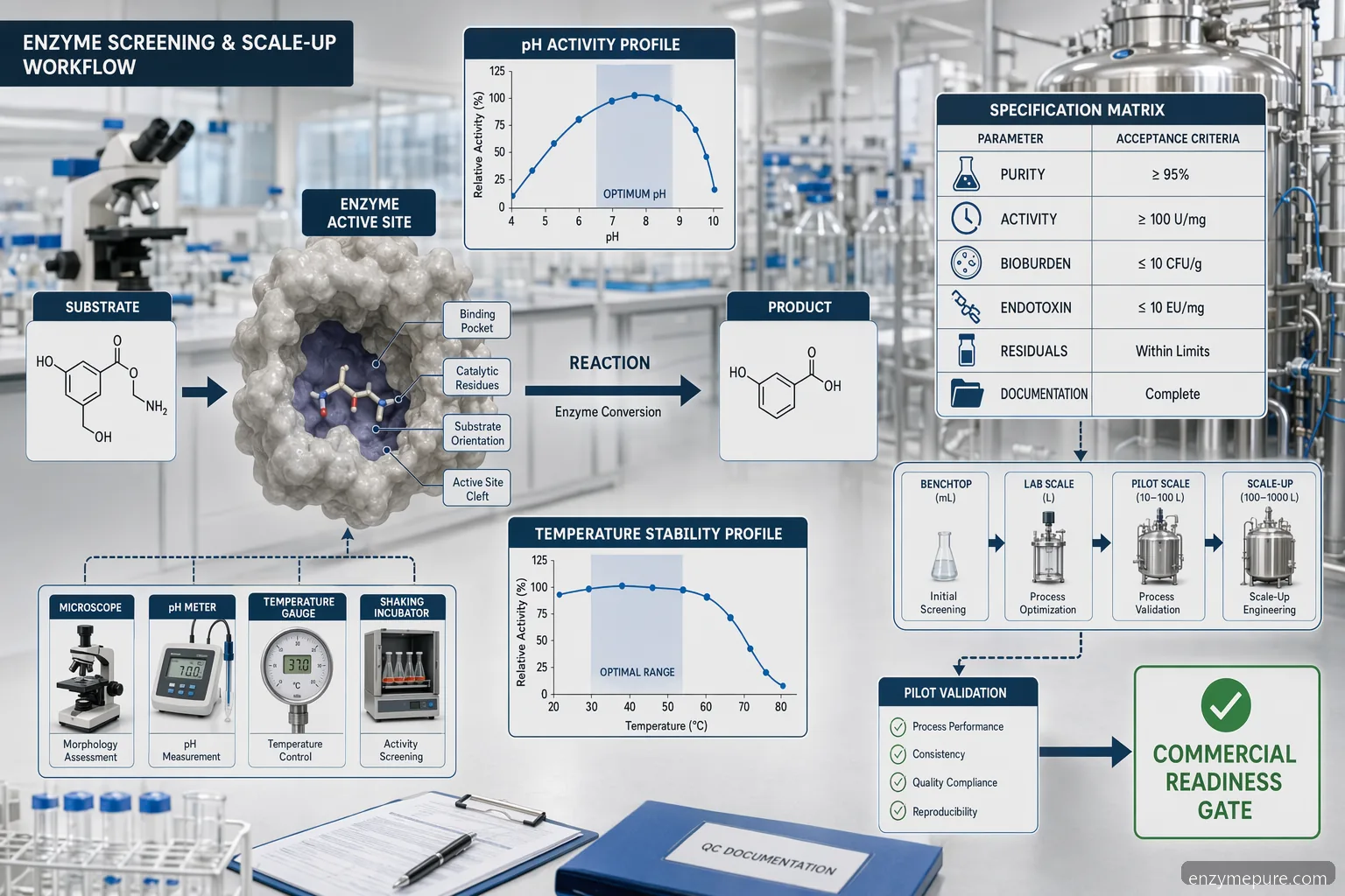 pharmaceutical grade enzyme supplier for pharmaceutical use: pH, temperature and substrate-to-product screening workflow