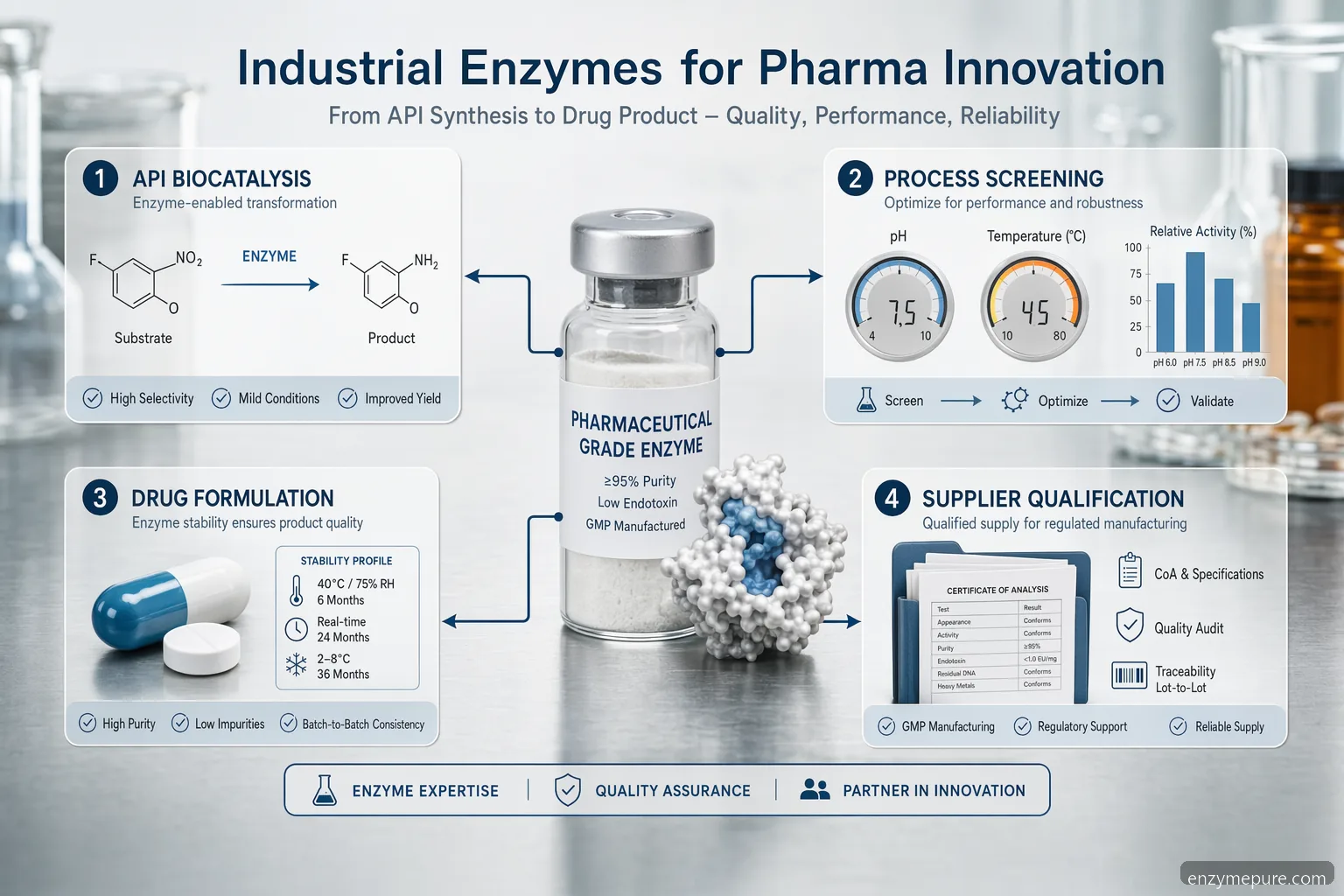 pharmaceutical grade enzyme supplier for pharmaceutical use: sourcing checklist, QC documents, scale-up and formulation icons